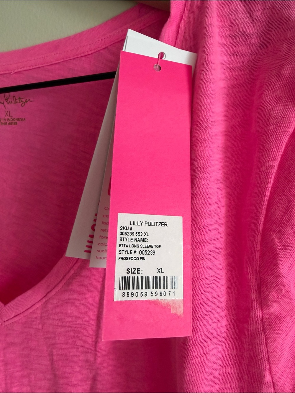 NWT Lilly Pulitzer Etta Long Sleeve Top XL Pink Prosecco Slub V-Neck Neon Tee - Picture 3 of 9